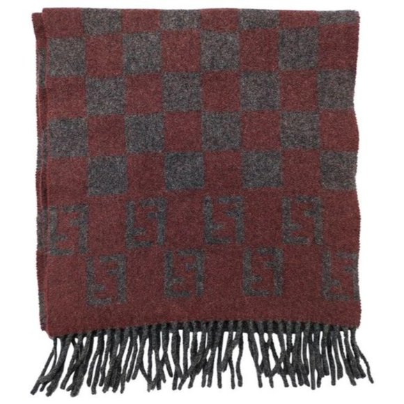 Fendi Red Grey Zucca Print Logo Fringe Wool Scarf - Picture 1 of 4